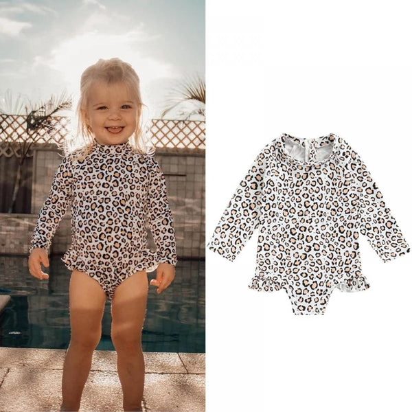 Girls' Beach Long-sleeved Swimsuit Seaside Holiday Style Leopard One-piece Swimsuit Wholesale
