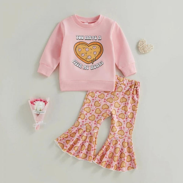 Little Girls Valentine's Day Letter Heart Top + Flared Pants Set Wholesale Girls Clothes