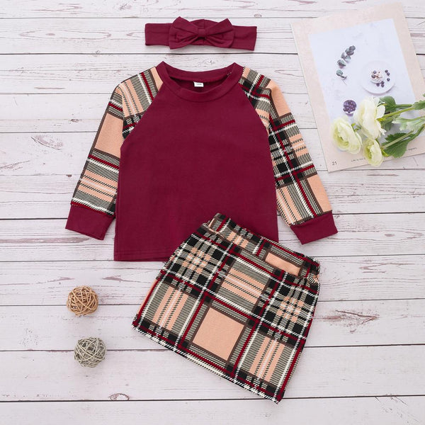 Autumn Girls Plaid Top + Skirt + Hairband Set Wholesale Girls Clothes