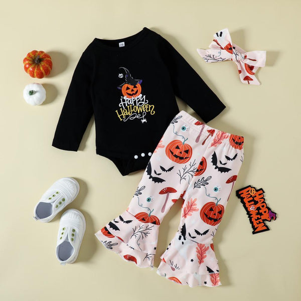Halloween Autumn Letters Print Long Sleeve Romper Cartoon Pumpkin Flared Trousers Girls Suit Wholesale