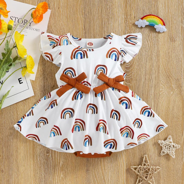 New Rainbow Flying Sleeve Bow Skirt Wholesale Baby Clothes