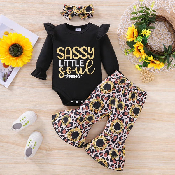 Baby Girl Letter Romper Sunflower Flared Pants Headband Set Baby Clothing Wholesale Distributors