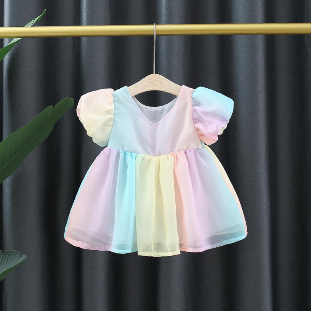 Baby Girls Summer Rainbow Color Puff-sleeve Princess Dress Wholesale Little Girl Clothing