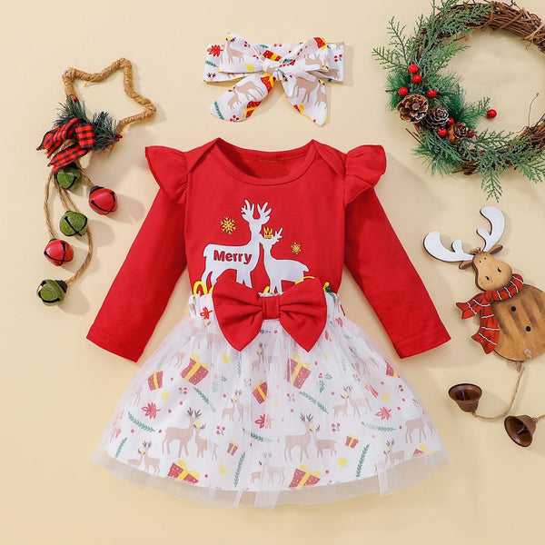 Baby Girls Autumn and Winter Christmas Elk Print Gauze Skirt Three-piece Suit Wholesale Girls Clothes