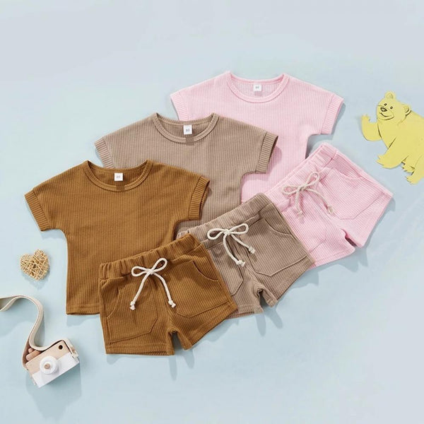 Summer Children's Short-sleeved Shorts Waffle Solid Color Suit Baby Wholesale Clothes