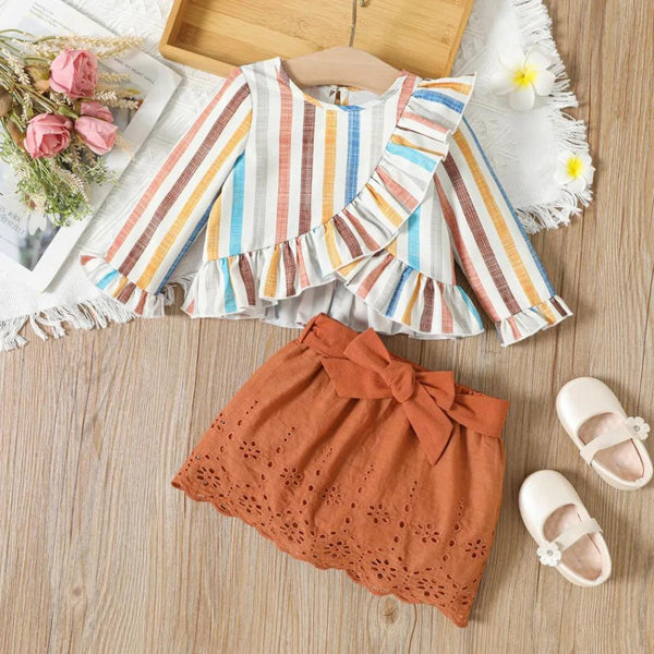 Spring/Autumn Baby Girl Bohemian Striped Horn Sleeve Top Lace Belt Skirt Two-Piece Set Wholesale Girls Clothes