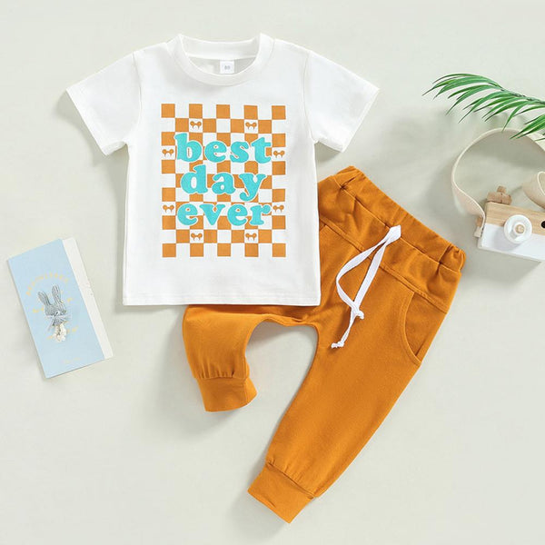 0-4 Years Old Boys Summer Baby Checkerboard Letter Short Sleeve T-shirt Set Wholesale Kids Boutique Clothing