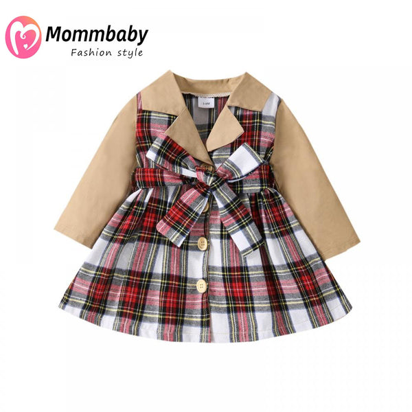 Mommbaby Christmas Autumn and Winter Plaid Stitching Trench Coat Girls Dress Kids Clothes