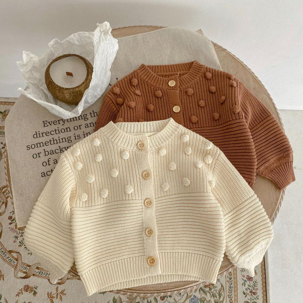 Spring Boys And Girls Children Round Neck Handmade Ball Net Color Knitted Cotton Long Sleeve Cardigan Coat Wholesale Baby Clothes