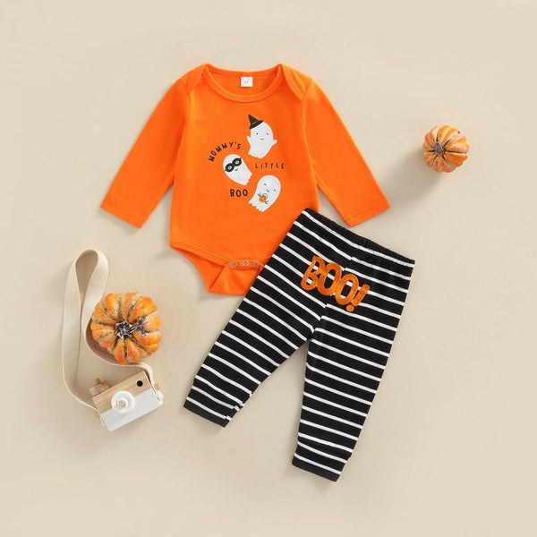Fall Halloween Print Romper Stripe Pants Set Baby Clothes Wholesale