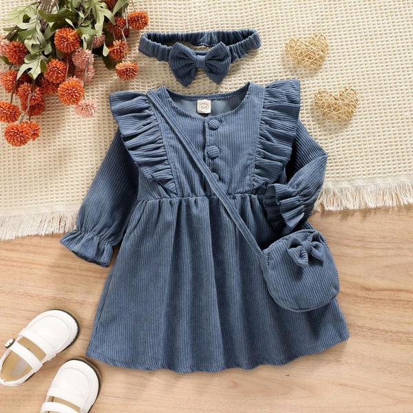 Little Girls Corduroy Blue Long-sleeve Dress With Bag Wholesale Girls Clothes