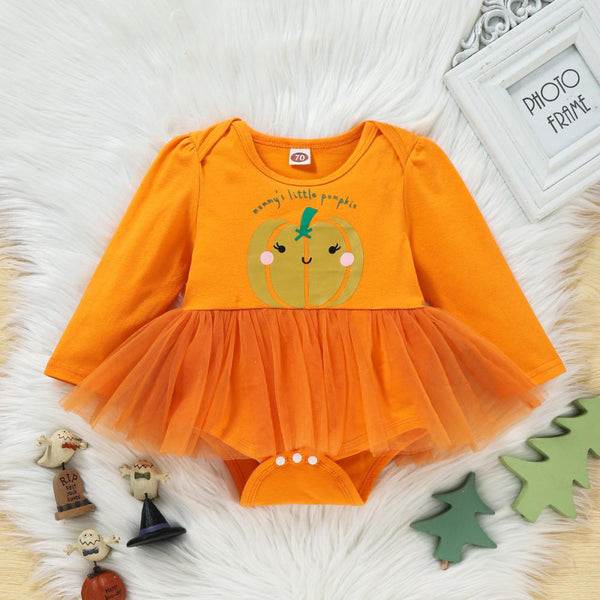 Autumn/Winter Halloween Baby Bodysuit Pumpkin Print Long Sleeve Romper Mesh Romper Dress Wholesale