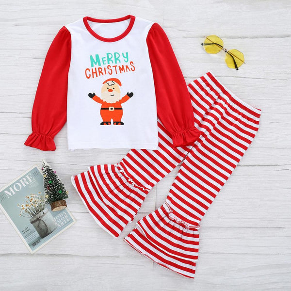 Christmas Children's Clothing Santa Claus Letter Print Long Sleeve Top Striped Flared Pants Set Wholesale