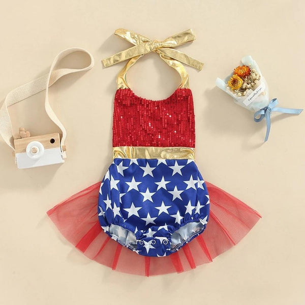 Summer Independence Day Baby All-in-one Dress Girl's Star Sequin Sling Romper Dress Wholesale