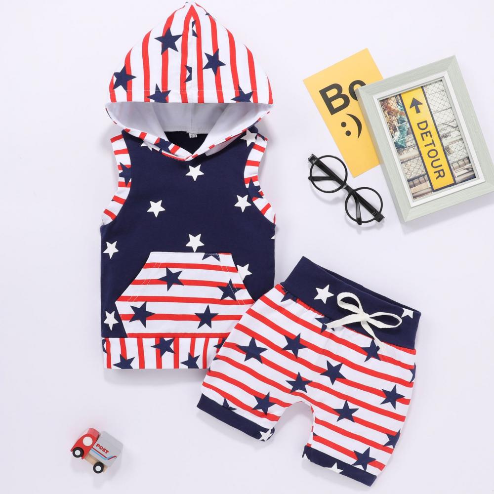 0-2Y Baby Boy Independence Day Sets Summer New Striped Stars Print Hoodie Tops And Shorts Two-piece Set Wholesale Baby Clothes