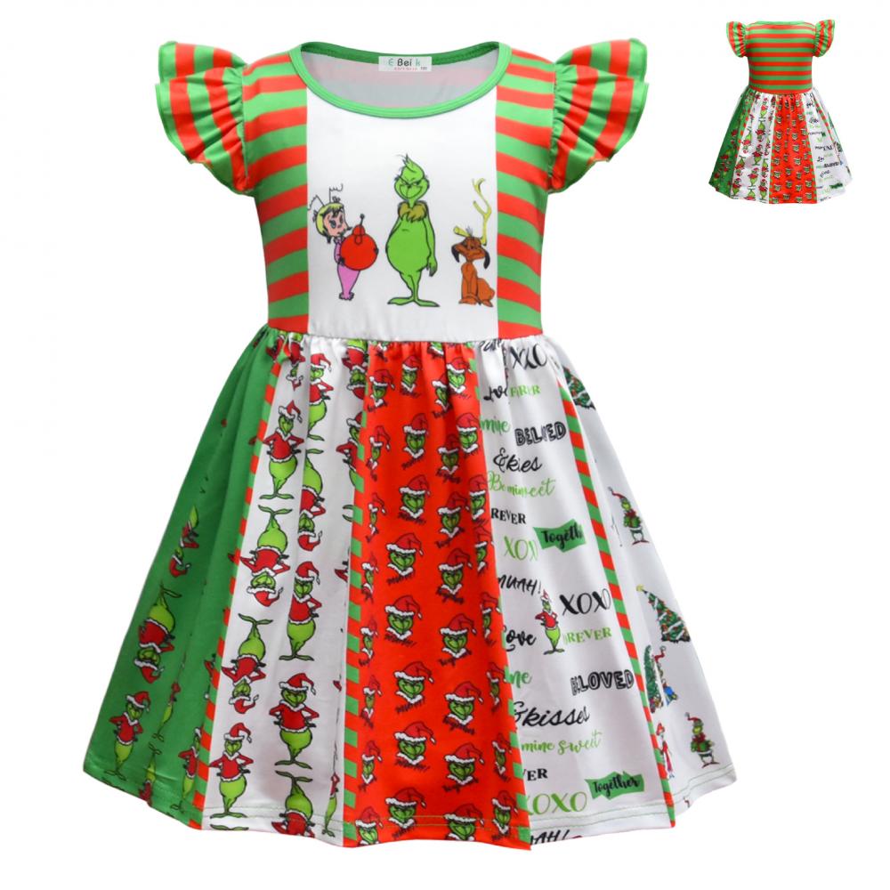 Christmas Girls Fly Sleeve Dress Sneaky Green Grinch Dress Kids Grinch Shirt Wholesale