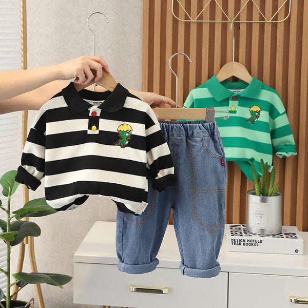 Boys Autumn Stripw Lapel T-shirt And Pants Set Baby Boys Clothing Wholesale