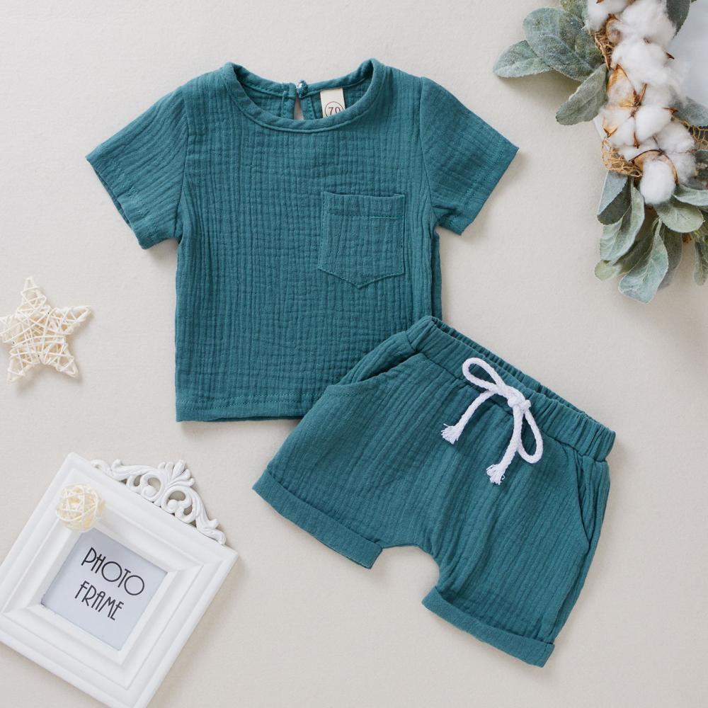 0~4T Children's Clothing Infant Boys Summer Clothing Solid Color Crepe Short Sleeve Shorts Set Wholesale Baby Clothes