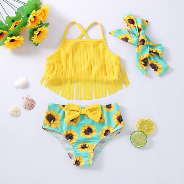 Yellow Sling Multicolor Sunflower Print Children's Swimsuit Wholesale