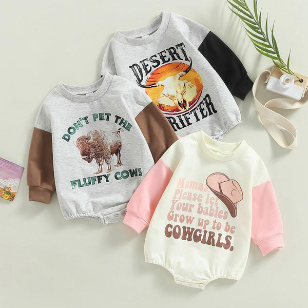 Spring 0-18M Newborn Baby Jumpsuit Colorblock Long Sleeve Letter Bull Head Romper Wholesale Baby Clothing