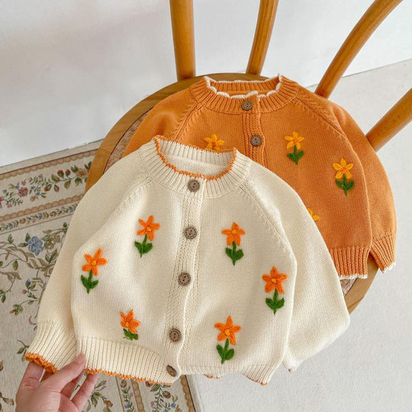 Autumn Baby Girl Embroidered Flower Knitted Sweater Cotton Yarn Cardigan Wholesale