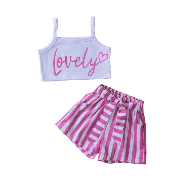 Summer Girls Casual Dress Halter Top + Striped Shorts Sets Wholesale Girls Clothing