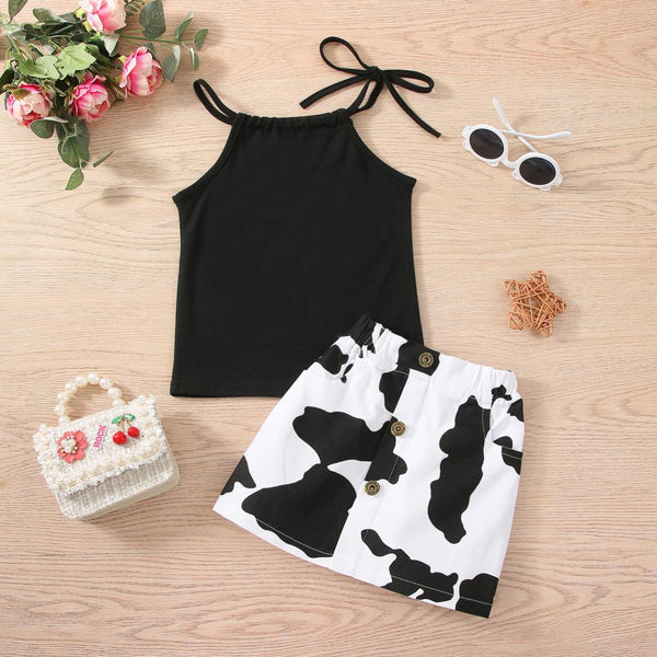 2-Piece Set 2022 New Girls' Leaky Shoulder Cotton Black Knitted Top Cow Print Skirt Wholesale