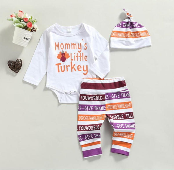 Thanksgiving Infant Suit Turkey Print Long Sleeve Romper Pants + Hat Set Wholesale Baby Clothes