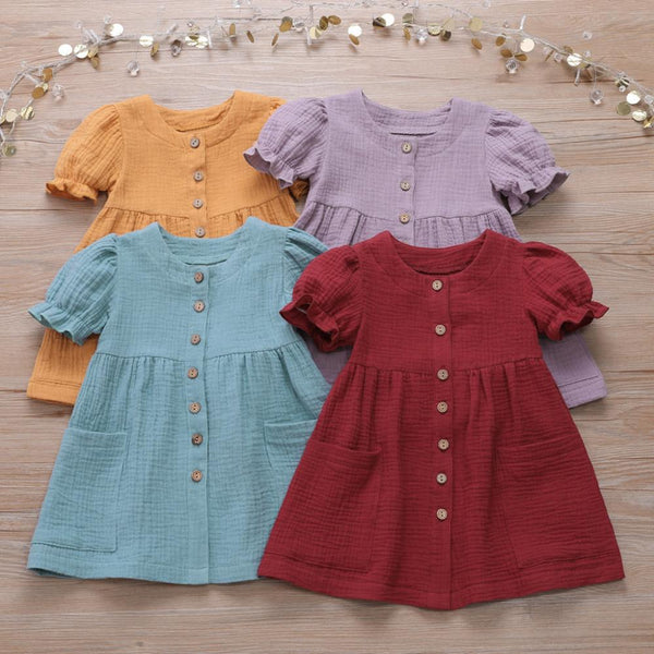 Summer 6M-5T Cotton And Linen Solid Color Stitching Girls Dress Wholesale Dress For Girls