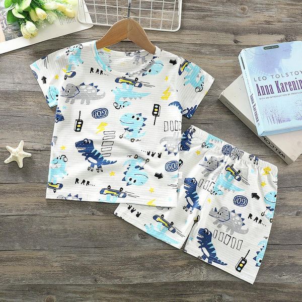 Toddler Unisex Sets Summer Dinosaur Car Print Short Sleeve Top And Shorts Comfortable Two-Piece Set Wholesale Kids Clothing