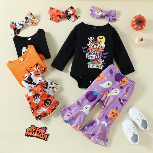 Halloween Infants and Toddlers Cartoon Print Romper Flared Pants Headband Three-piece Set Wholesale Baby Clothes