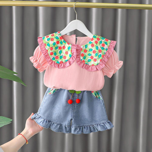 Toddler  Girls Summer Set Cherry Printed Baby Collar Top and Denim Shorts Baby Girl Boutique Clothing Wholesale