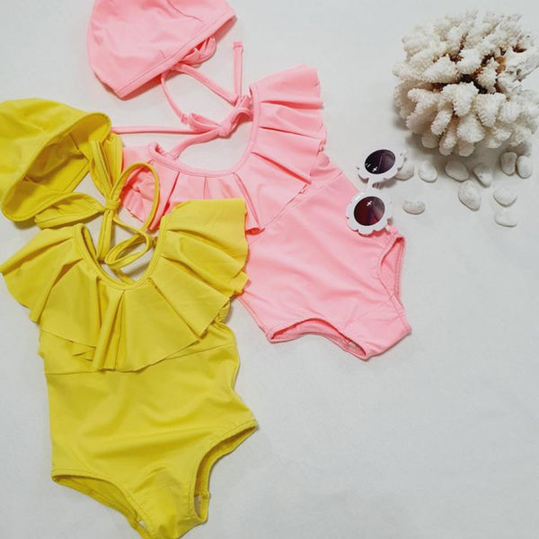 Swimsuit Girls Summer Solid Color Beachwear + Hat Wholesale Girls Swimwear