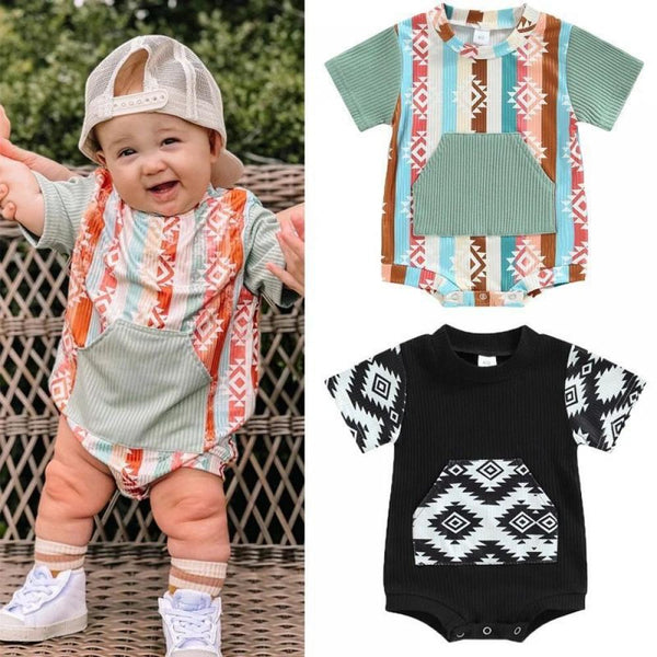 Summer Newborn Baby Retro Printed Rib Short Sleeve Jumpsuit Wholesale Baby Clothes In Bulk