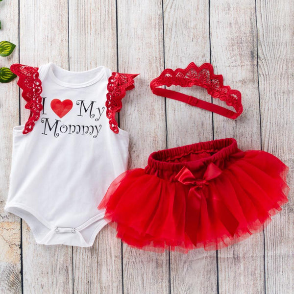 Mother's Day Gift Baby Costume Cartoon I Love Mom Wings Romper Red Princess Dress Suit Wholesale Baby Clothes