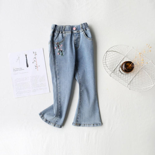 Toddler Girls Jean Autumn Embroidered Flower Flared Pants Blue Trousers Wholesale