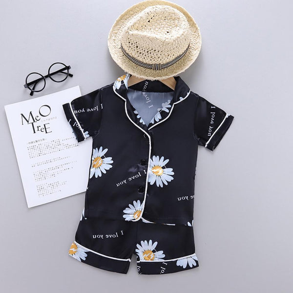 Boys And Girls Summer Pajamas Daisy Printed Ice Silk Top + Shorts Home and Sleep Set Children Clothing Wholesale Usa
