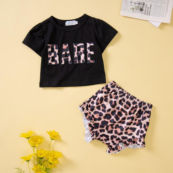 Girls Spring and Summer Short Sleeve Letter Tops Leopard Print Shorts Set Wholesale Baby Clothes