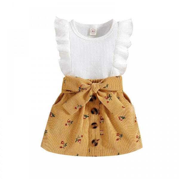 1-5Y Two Pieces Girls Corduroy Skirt with Flying Sleeves Top Girls Boutique Clothes Wholesale