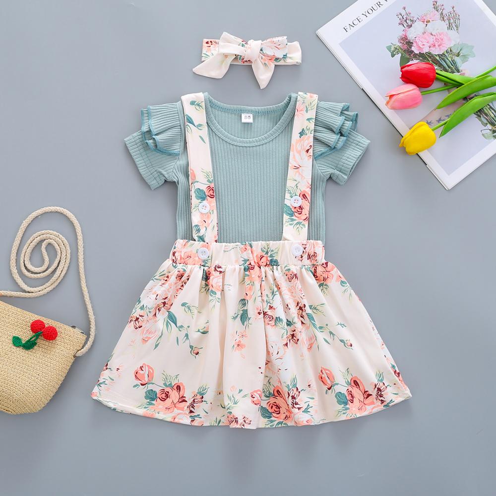 1-5Y Toddler Girls Set Summer Solid Color Pit Strip Top Flower Suspender Skirt And Headband Three-piece Set Wholesale Kids Clothing