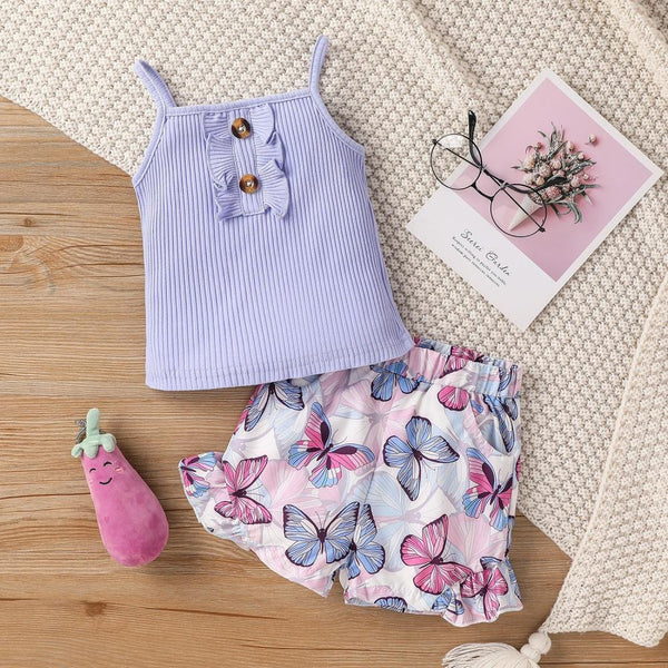 Toddler Girls Summer Knit Top + Butterfly Print Pants Set Wholesale Girls Clothes