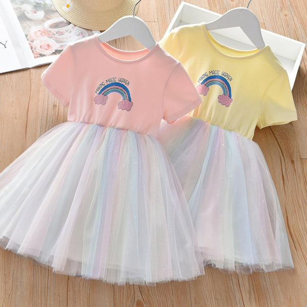 Girls Mesh Dress Summer Rainbow Skirt Short Sleeve Summer Dress Wholesale Girls Dress