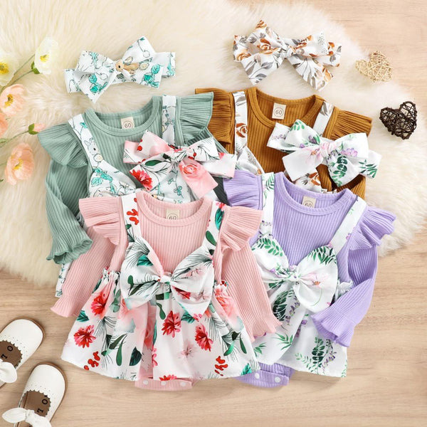 Autumn/Winter Baby Girls Pit Strip Flying-sleeve Print Bow Romper Baby Girls Clothes Wholesale