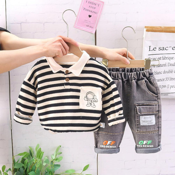 Fall Boys' Polo Collar Striped Casual Two Piece Set Wholesale Kids Clothes