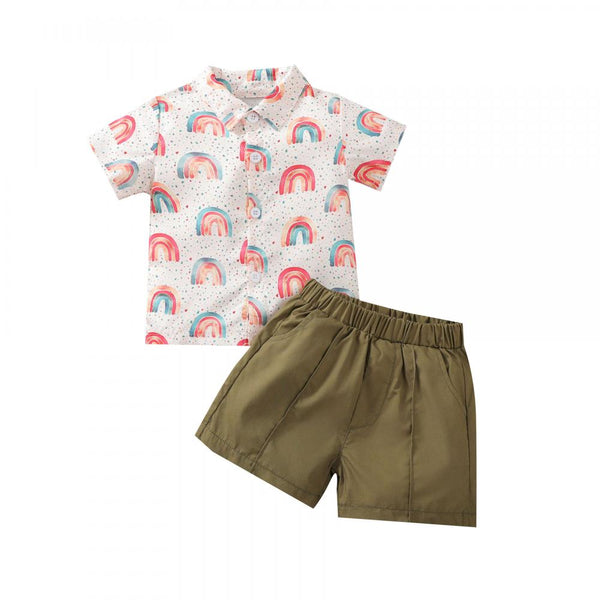 Toddler Boys Set Summer Rainbow Print Shirt Top + Green Shorts Two-Piece Set Wholesale Kids Clothing