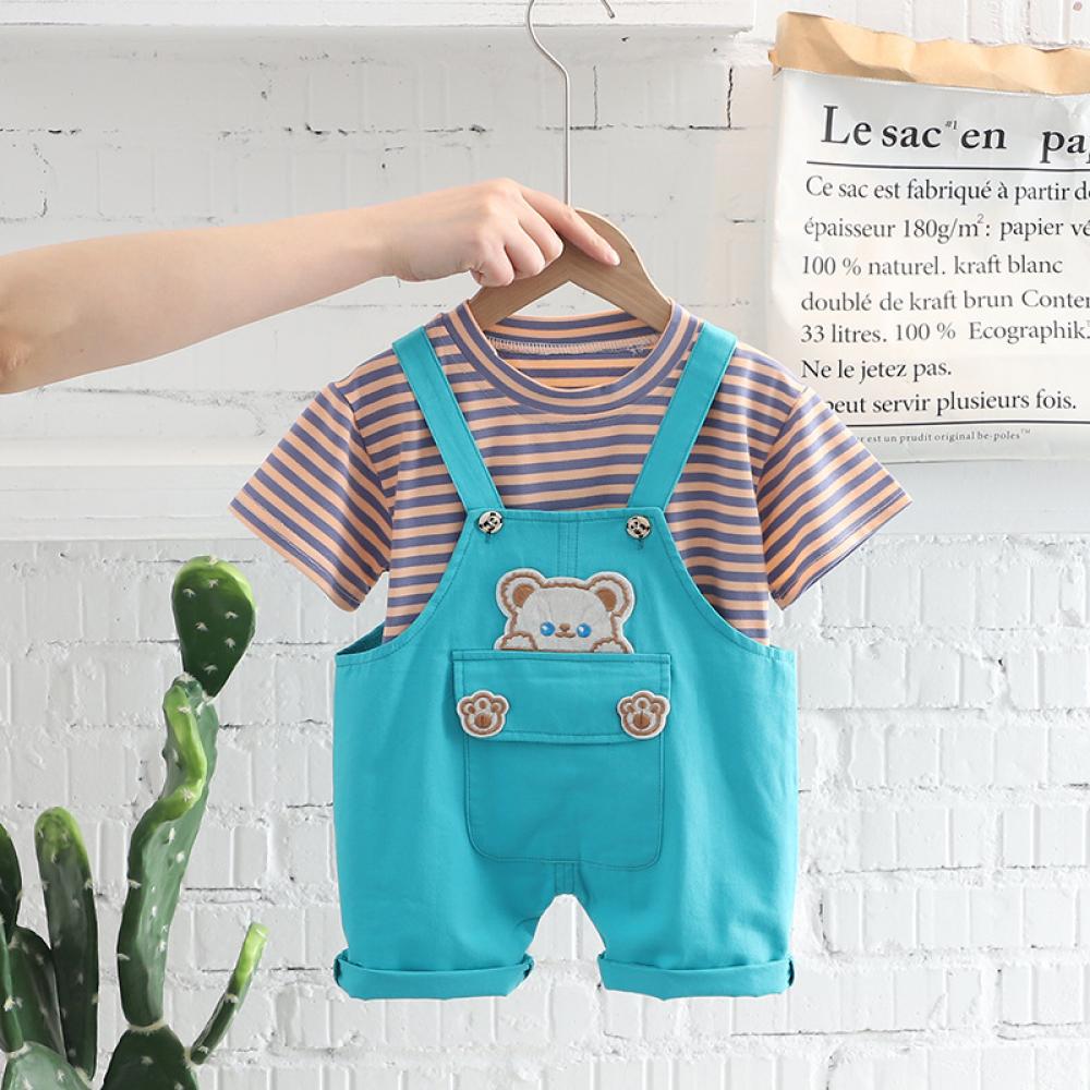 Toddler Boys Summer Stripe Top and Bear Suspenders Set Baby Boys Clothes Wholesale
