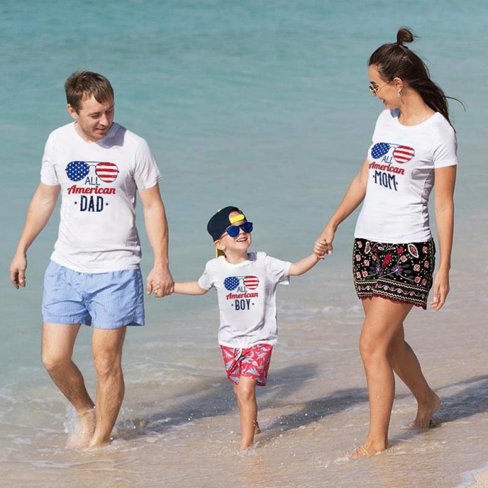 Summer Family Tops Independence Day Stars And Stripes Eyepiece Letter Print Family Of Four Short Sleeve T-Shirt Wholesale Mommy And Me Clothing