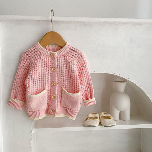 Spring Baby Girl's Crewneck Contrast Semi-Hollow Pure Knitted Cotton Long Sleeve Cardigan Jacket Wholesale
