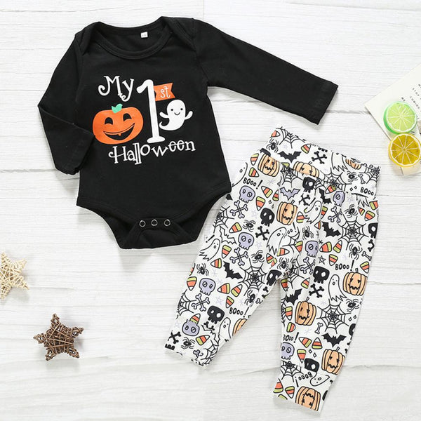 Boys And Girls Spring Autumn Halloween Pumpkin Jumpsuit Two-piece Suit Wholesale Baby Clothes