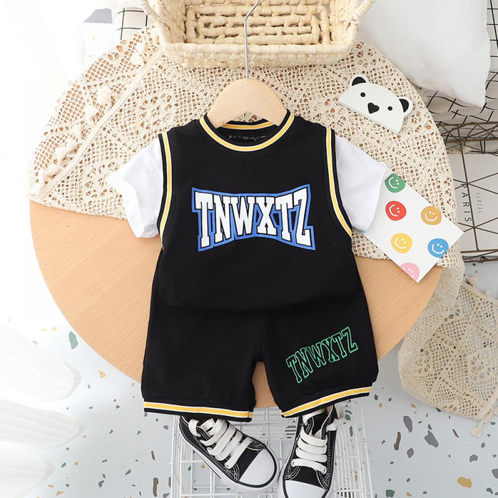 Boys' Casual Cartoon Fashion Basketball Short Sleeve Sweat Top and Shorts Two-piece Set Baby Boy Wholesale Boutique